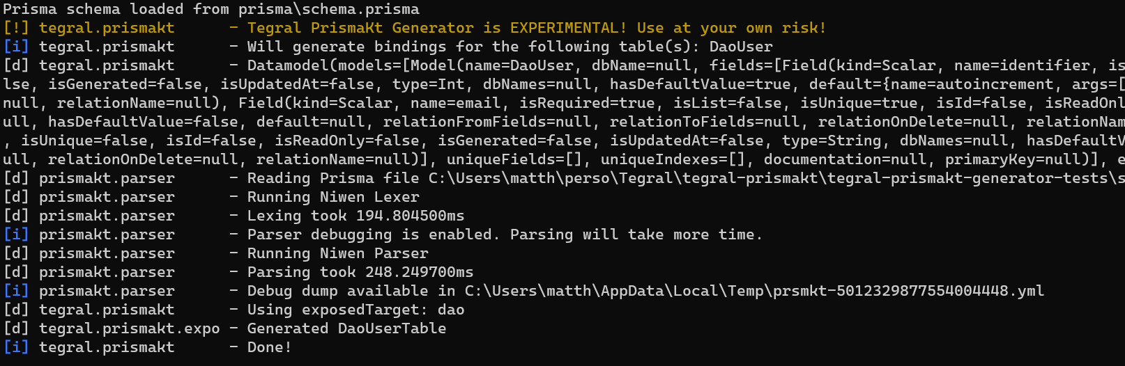 Screenshot of the console output of PrismaKT